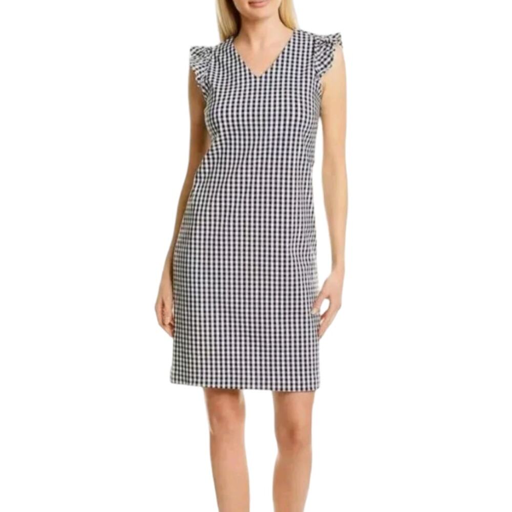 J. McLaughlin Joselyn Gingham Print Dress Navy White Stretch Sheath V Neck 6